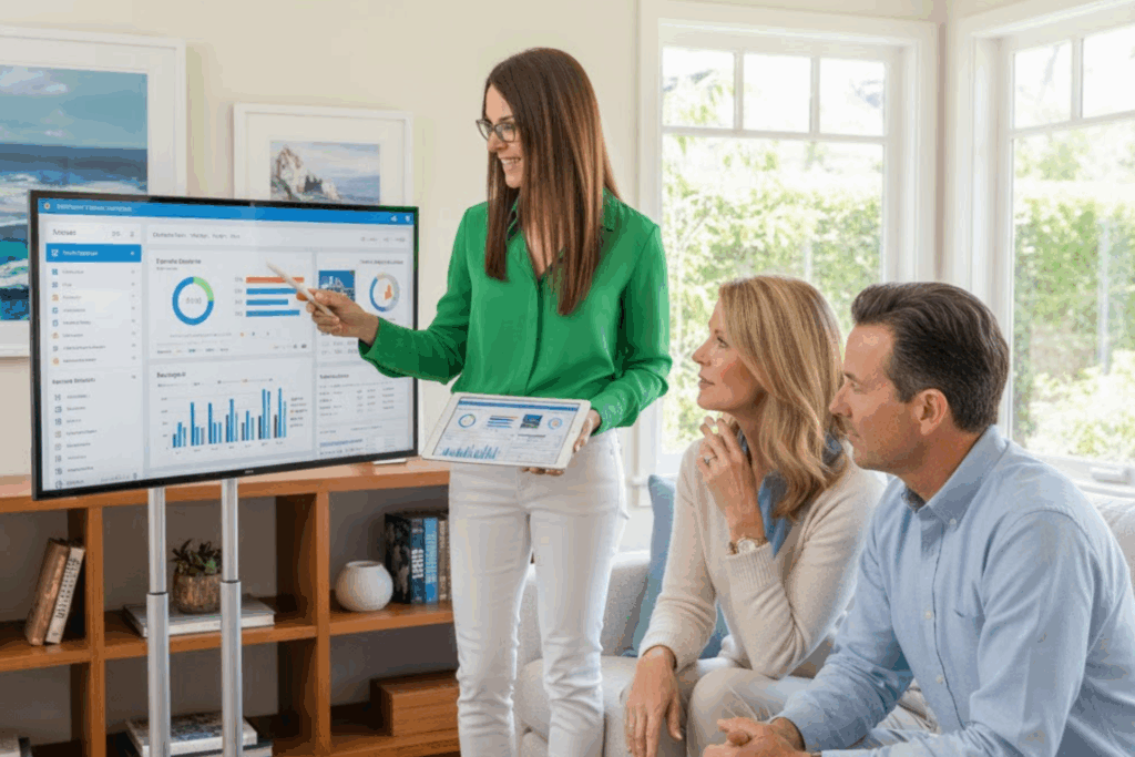 Realtor Explaining to Her Clients Market Data infront of a Screen